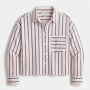 LOFT Blue, Light Pink and White Striped Poplin Button Down Boxy Cropped Shirt